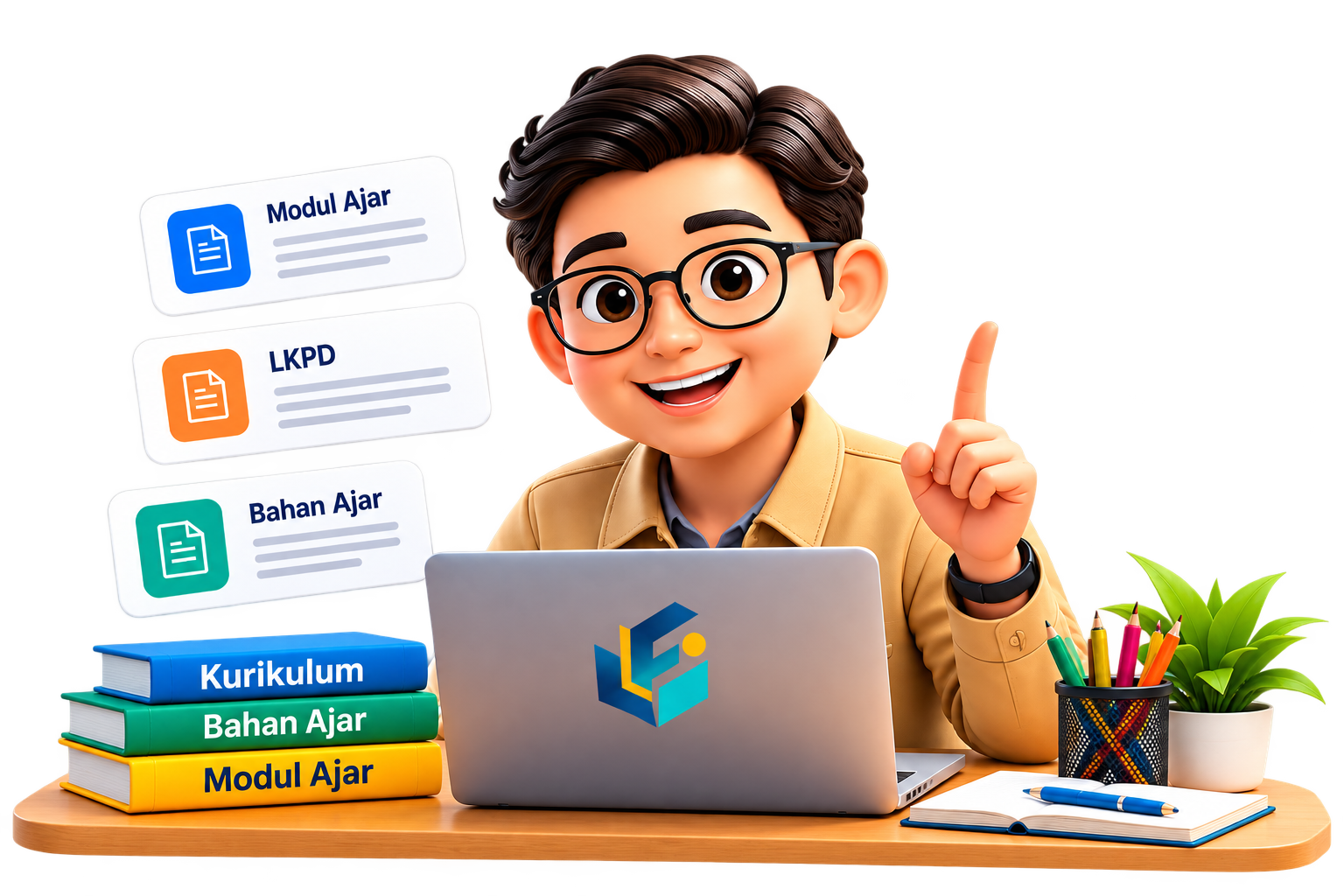 Mockup guru EduNata dengan laptop, kartu Modul Ajar, LKPD, Bahan Ajar, daftar fitur, dan buku